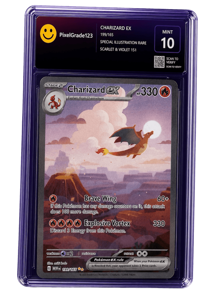 A Charizard EX card in a PixelGrade slab, graded MINT 10